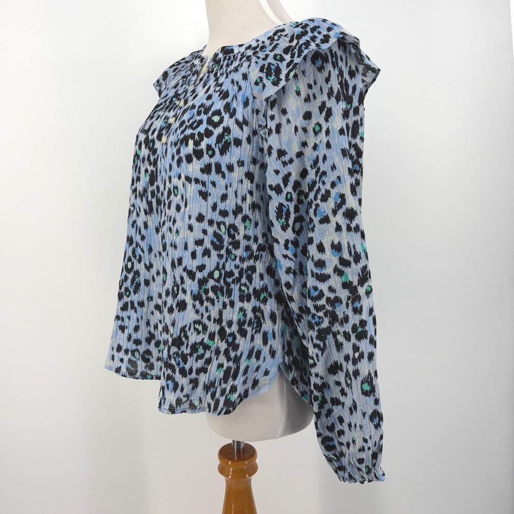 LOFT Blouse Blue Leopard Print Ruffle Shoulder Smocked Neck Gauzy Textured Small